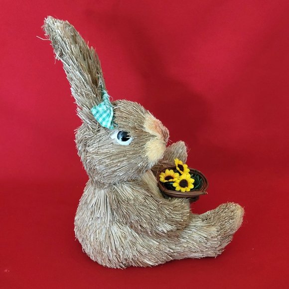 Sisal Bunny Rabbit Holding a Basket of Sunflowers Green Ribbon Decor Figure East - Picture 6 of 13